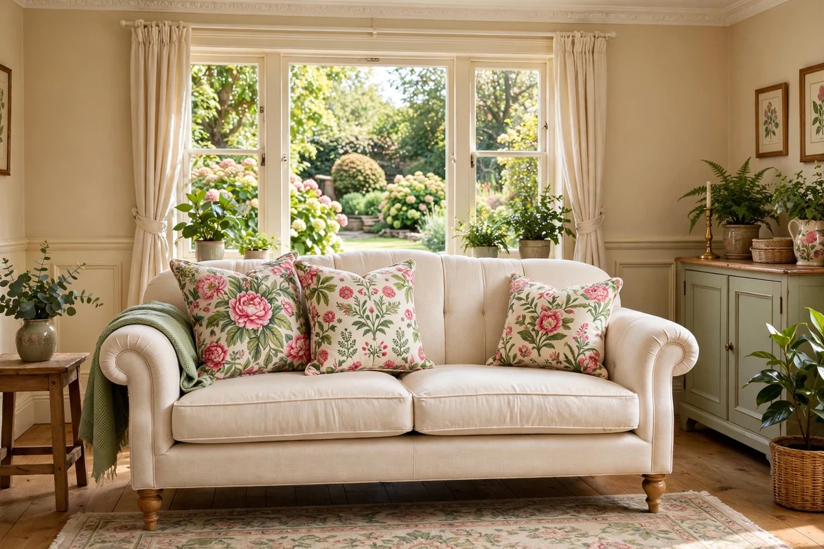 Floral chintz accent pillows in a traditional living room