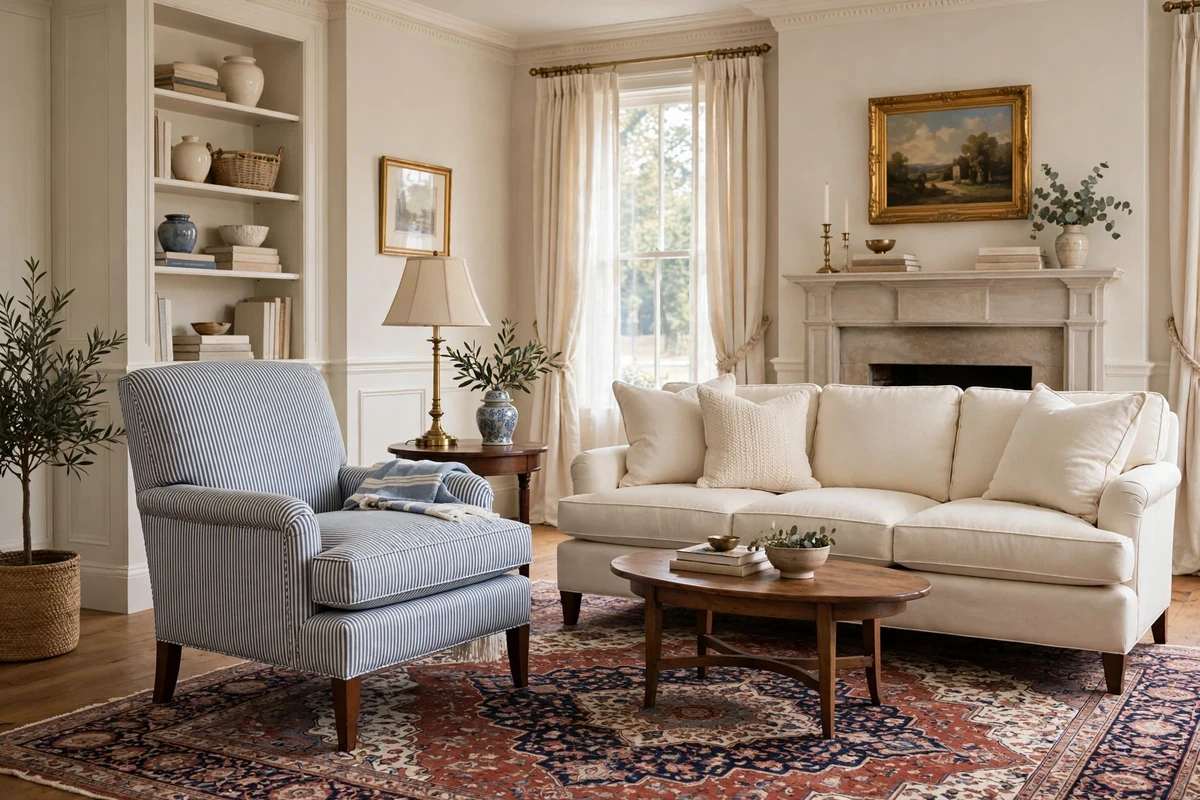 Striped armchair adding tailored pattern in a traditional living room