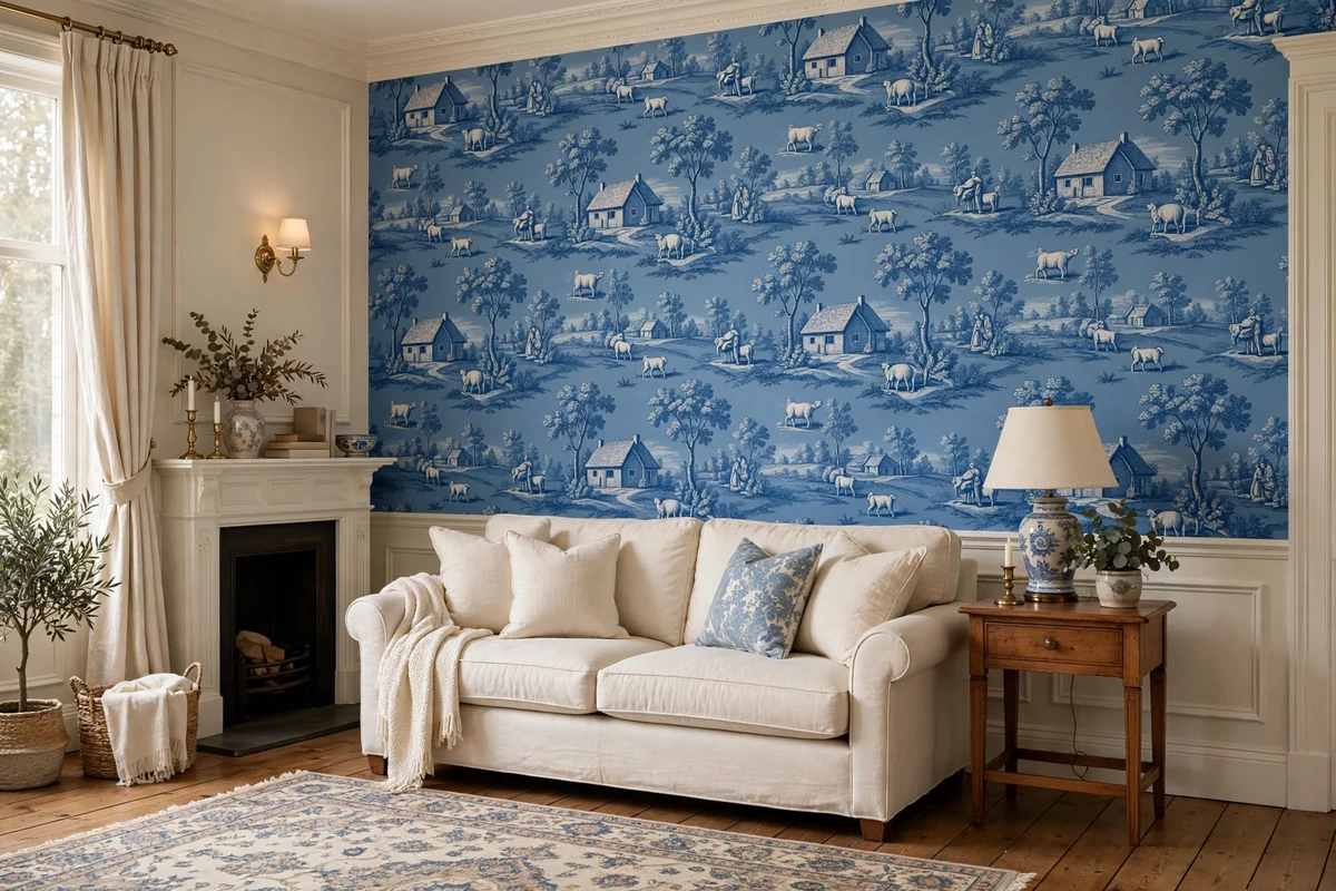 Toile de Jouy accent wall in a traditional living room
