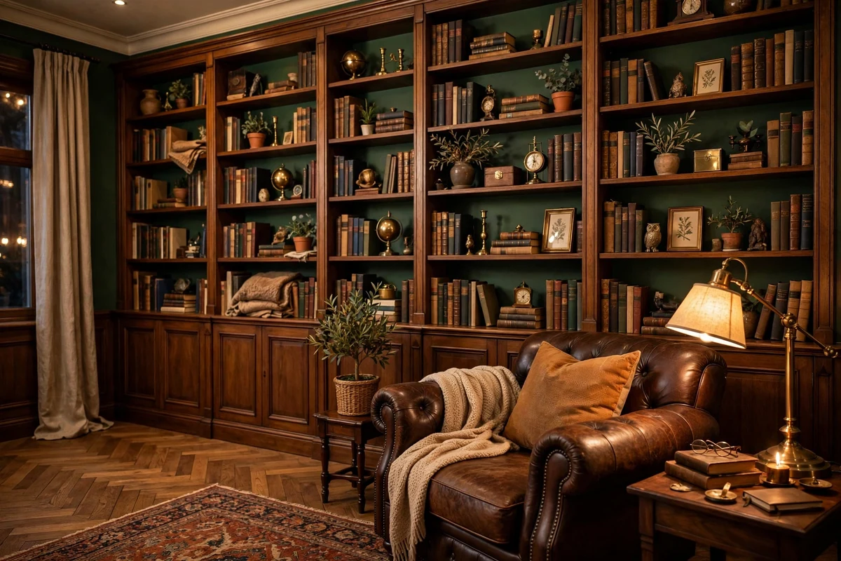 Deep green accent wall with bookshelves in a traditional living room
