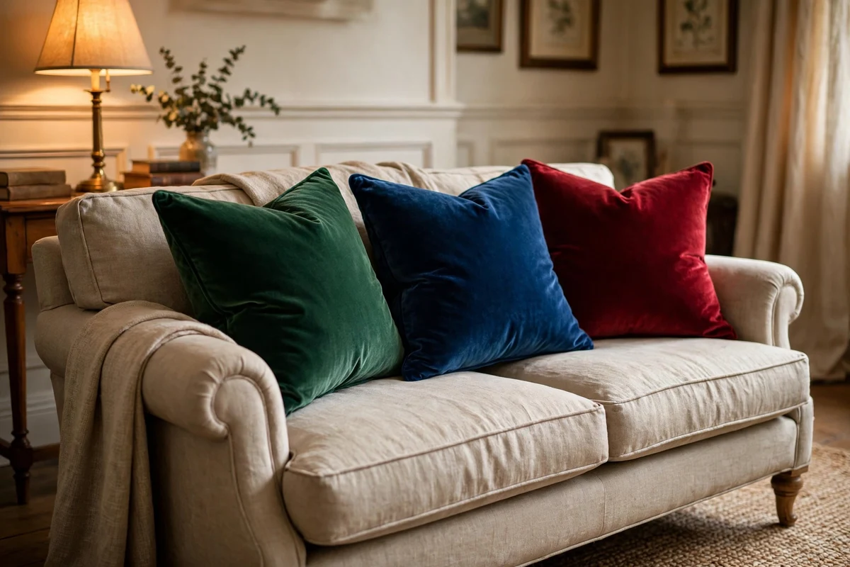 Jewel tone velvet throw pillows on a sofa in a traditional living room