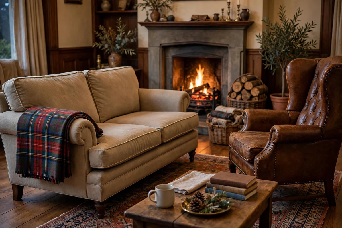 Plaid wool throw draped over a sofa in a traditional living room