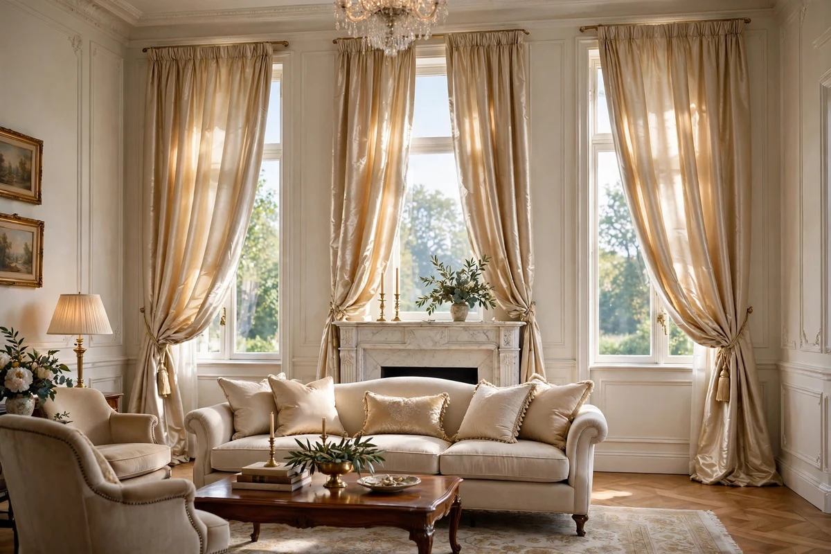 Silk drapery panels catching light in a traditional living room