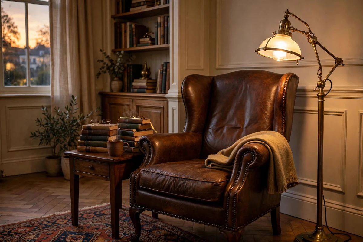 Antique brass floor lamp beside a reading chair in a traditional living room