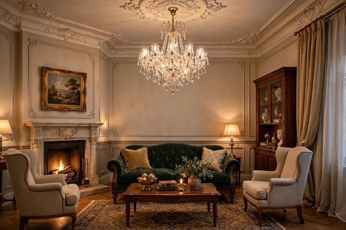 Crystal chandelier in a traditional living room