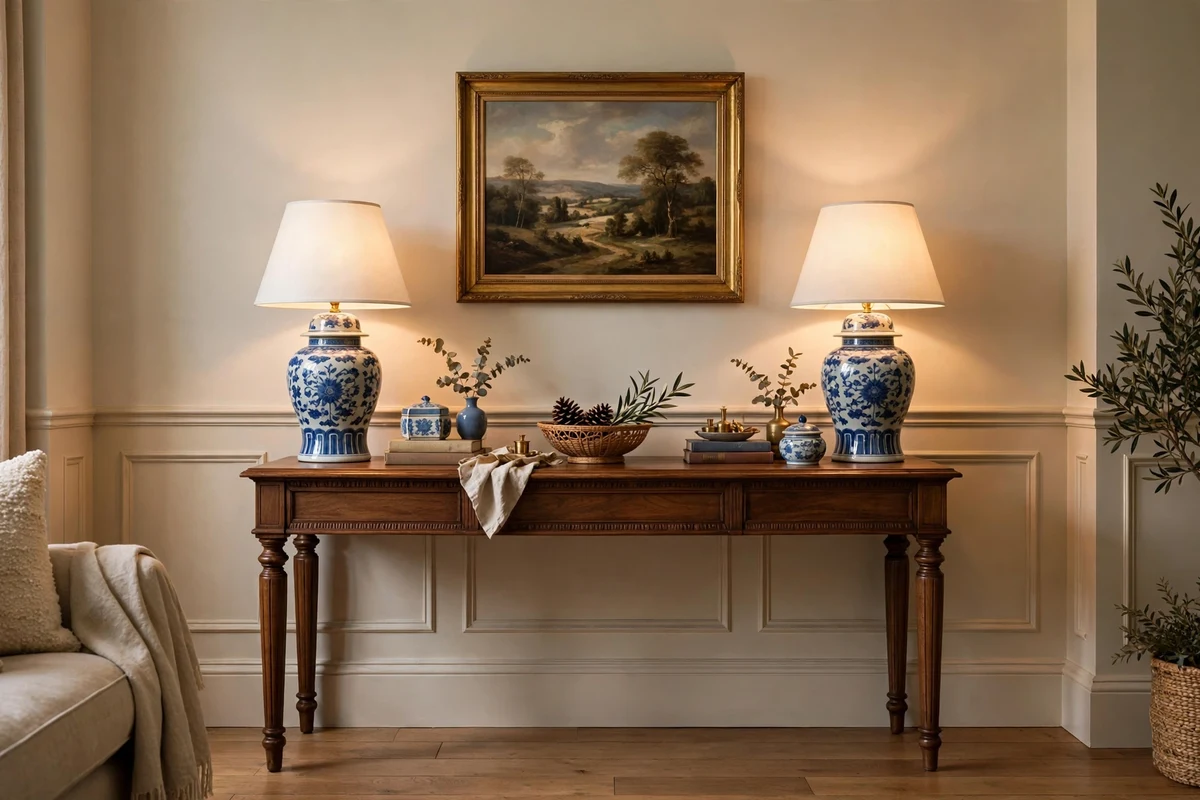 Matching table lamps on a console in a traditional living room
