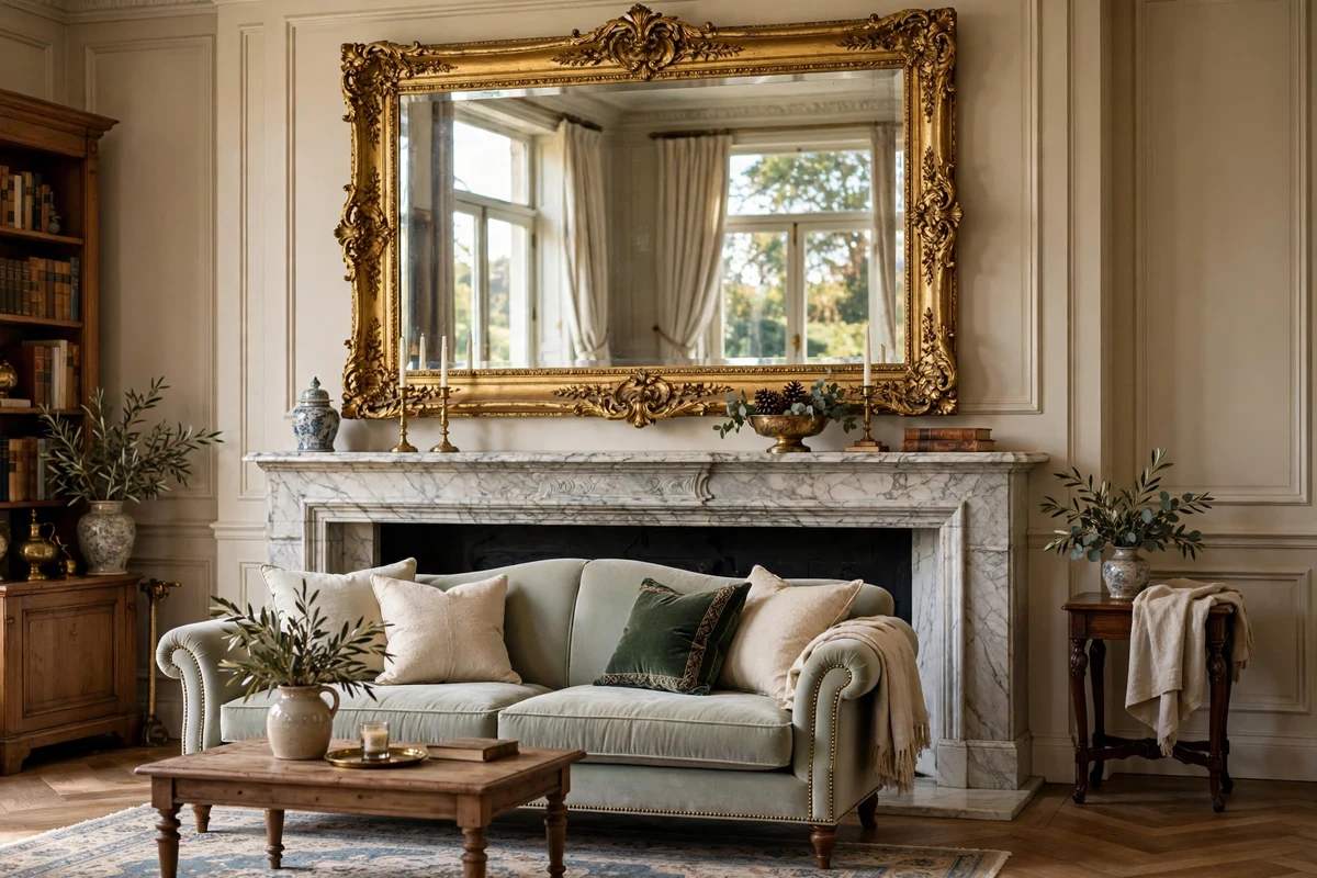 Large gilt-framed mirror over a fireplace in a traditional living room