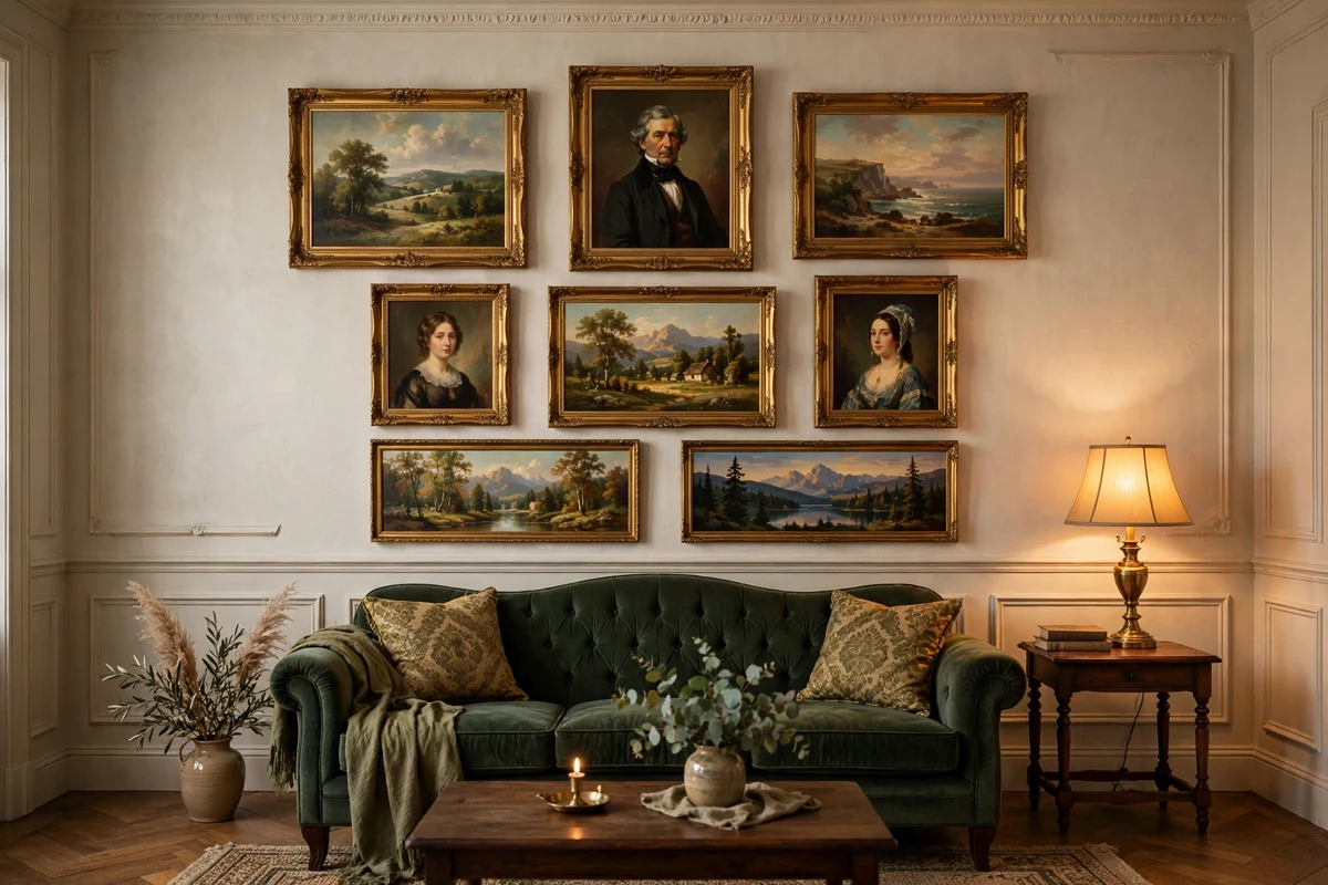 Gallery wall of gold-framed paintings in a traditional living room