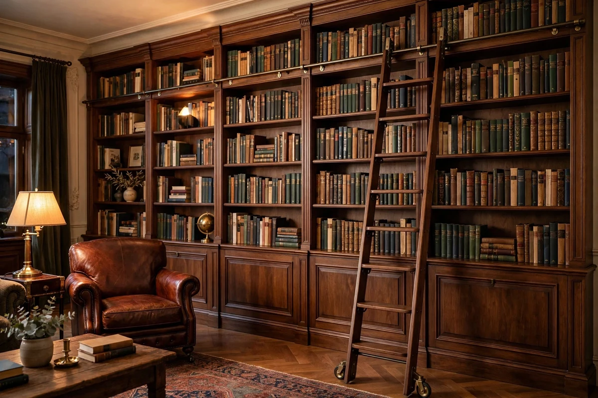 Built-in bookshelves with rolling ladder in a traditional living room