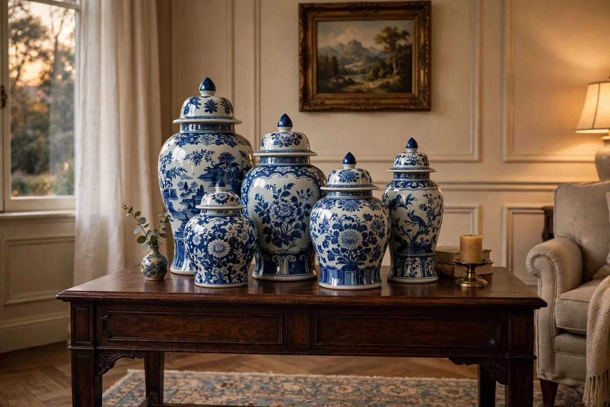 Blue and white chinoiserie porcelain accents in a traditional living room