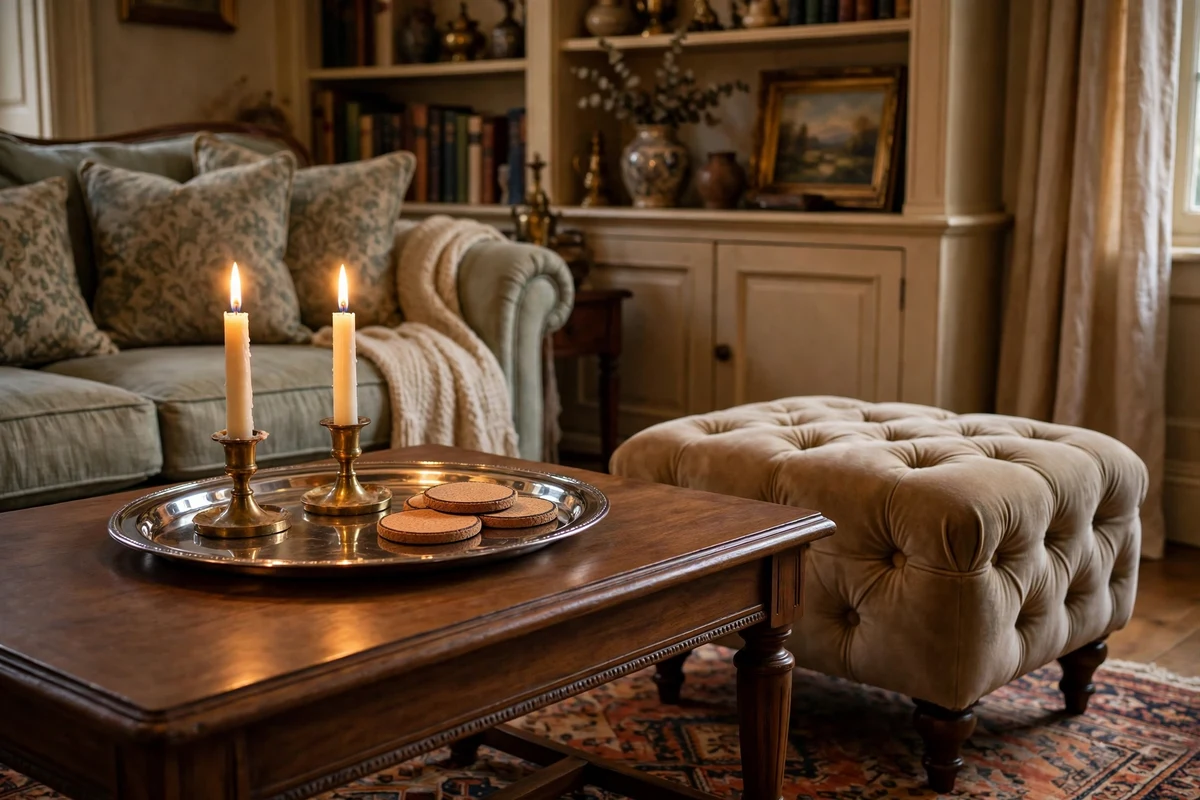 Silver tray with candle cluster on a coffee table in a traditional living room