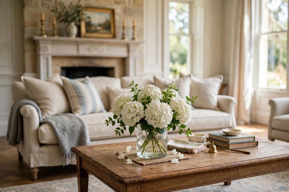 Fresh flower arrangement in a traditional living room