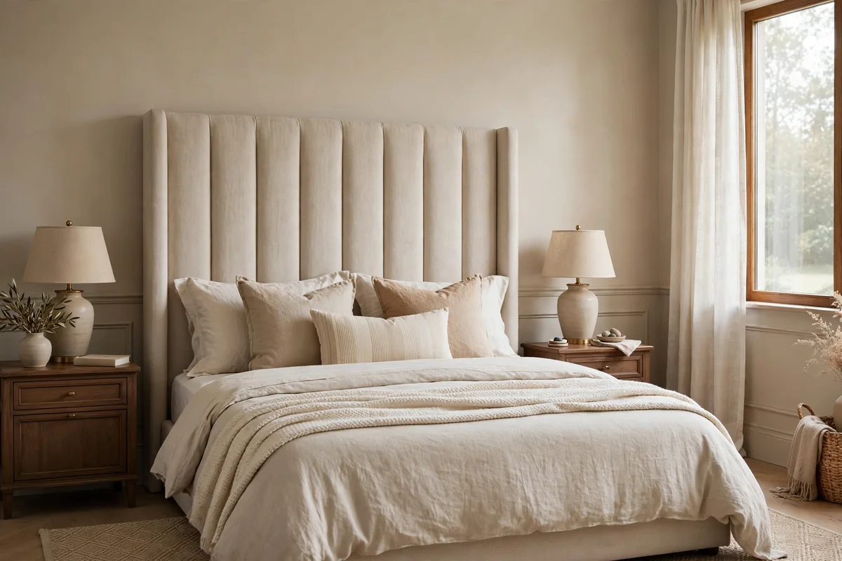 Tall upholstered linen headboard in oatmeal color behind a neatly made bed in a transitional bedroom