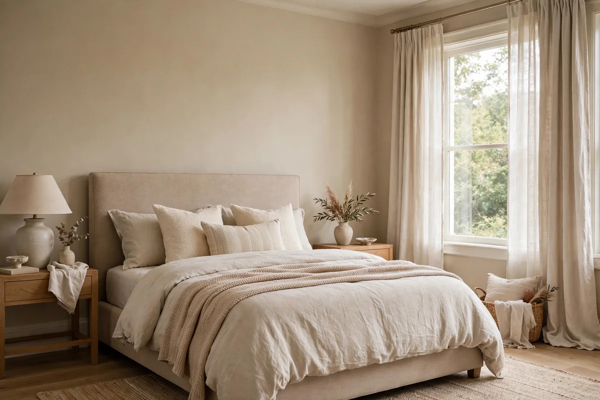 Warm greige painted walls in a calm transitional bedroom with soft natural light