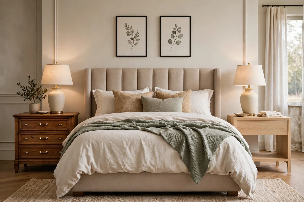 Two coordinating nightstands in different styles flanking a bed in a transitional bedroom