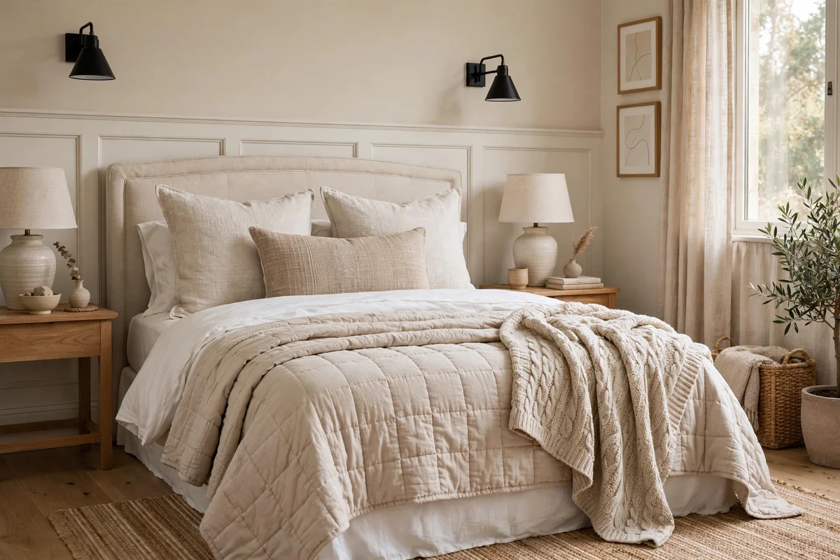 Beautifully layered neutral bedding with mixed textures on a bed in a transitional bedroom