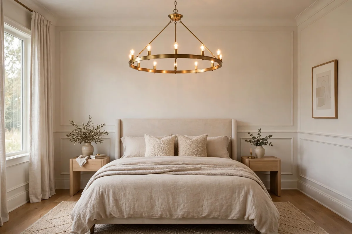Modern brass ring chandelier with classic proportions hanging over a bed in a transitional bedroom