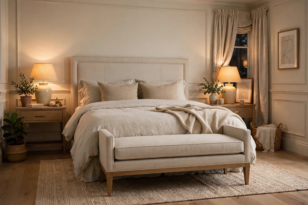 Upholstered tailored bench with tapered legs at the foot of a bed in a transitional bedroom