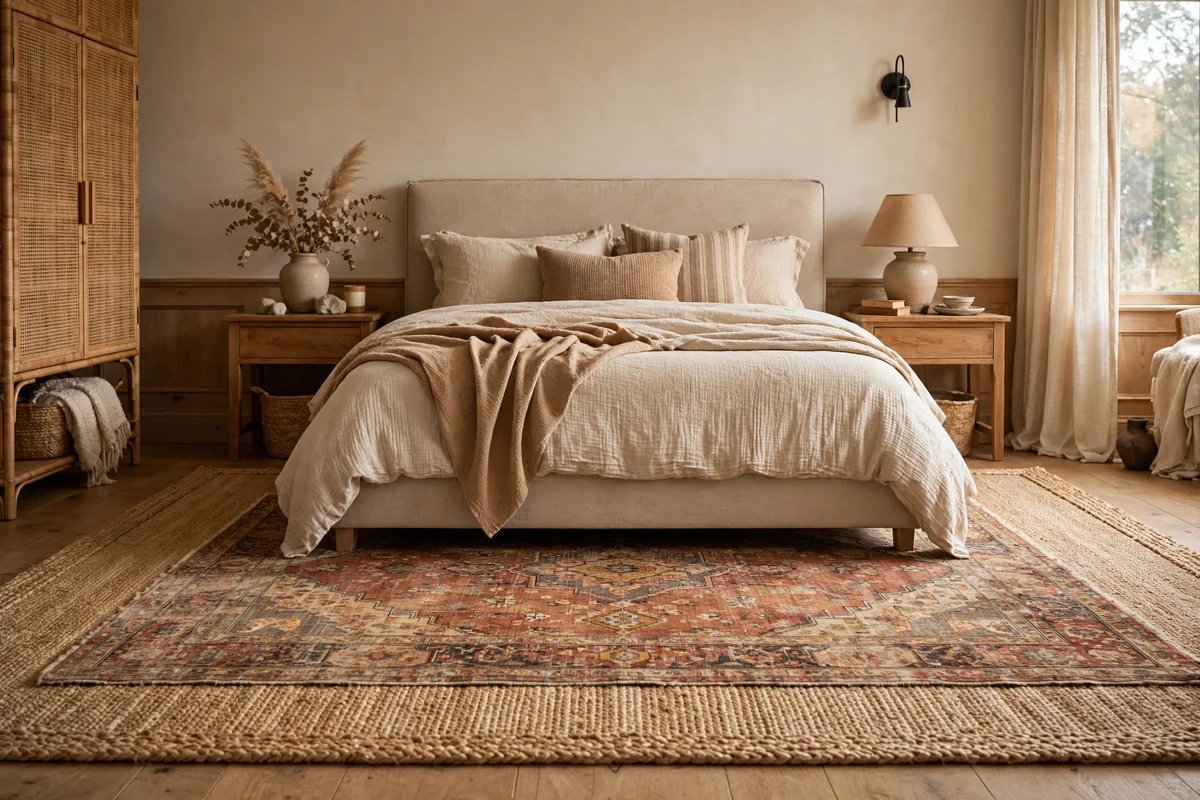 Vintage style patterned rug layered over a natural jute rug under a bed in a transitional bedroom