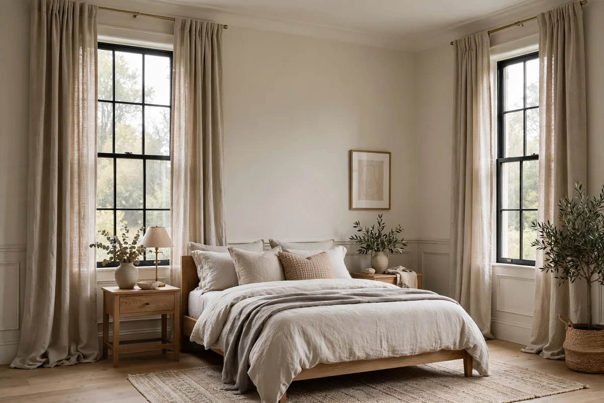 Floor to ceiling natural linen drapes framing windows in a transitional bedroom