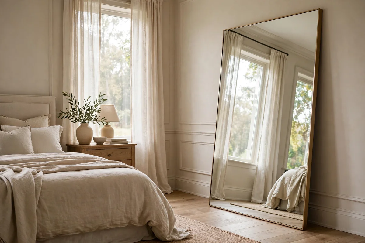 Oversized mirror with thin brass frame leaning against a wall in a transitional bedroom