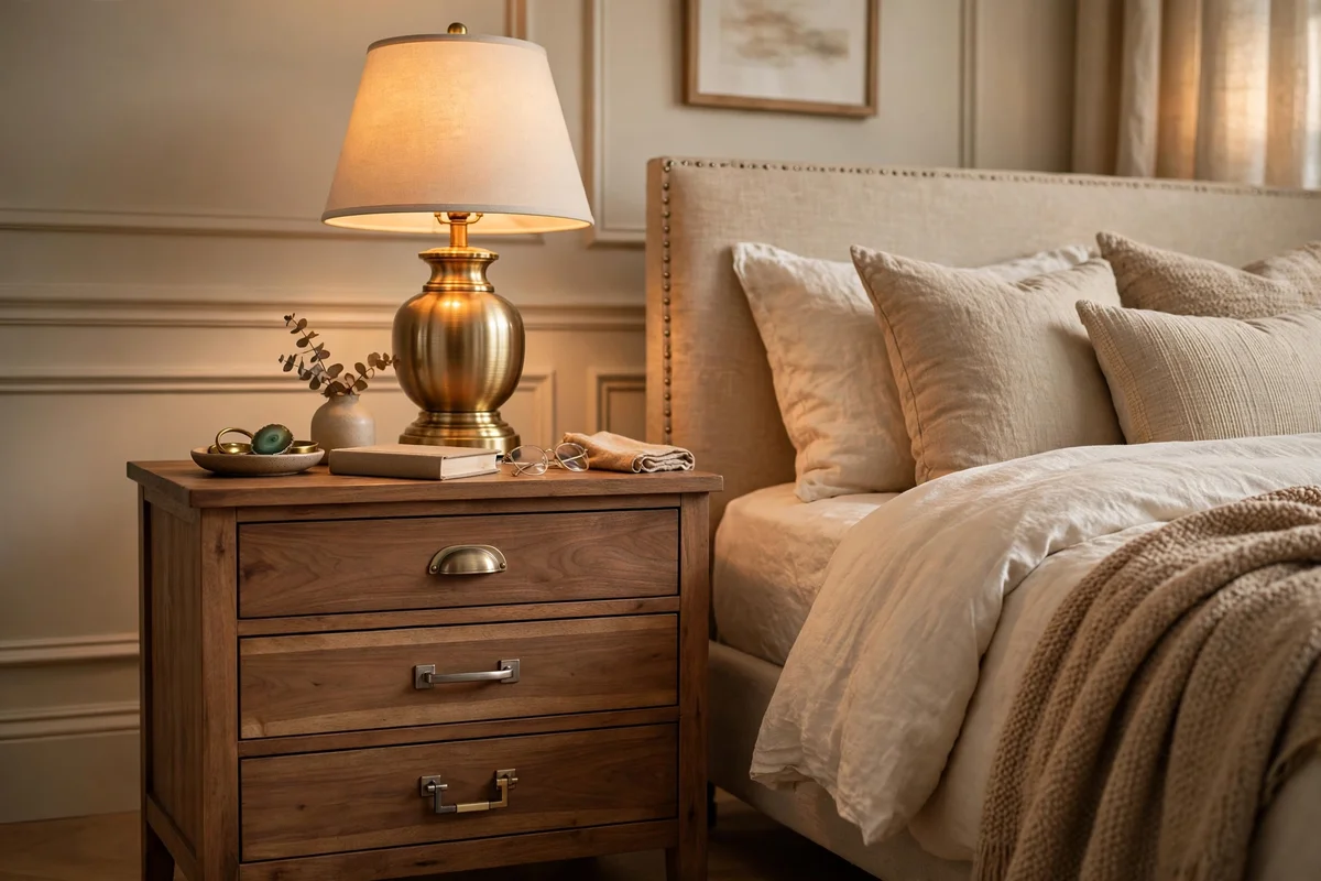 Brass table lamps and mixed metal hardware on furniture in a transitional bedroom