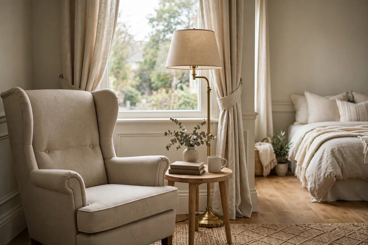 Cozy reading corner with upholstered armchair, side table and floor lamp in a transitional bedroom