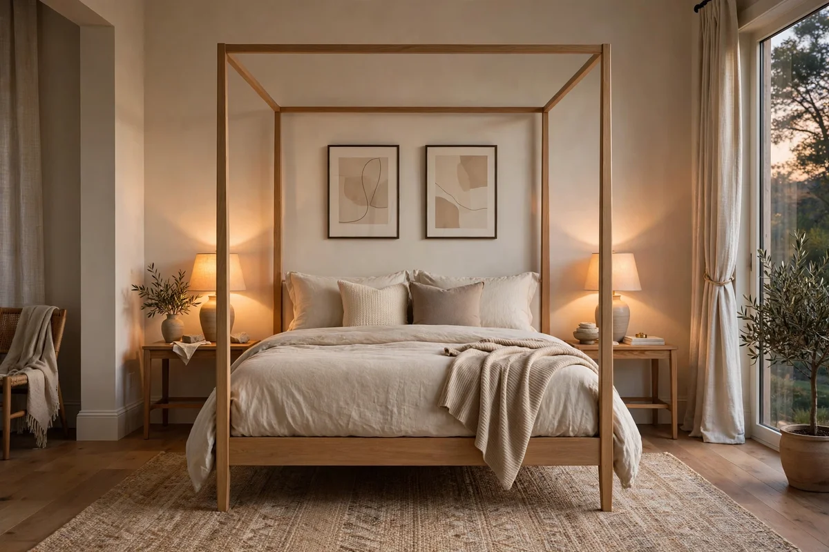 Streamlined four poster bed with slim wooden posts in a transitional bedroom