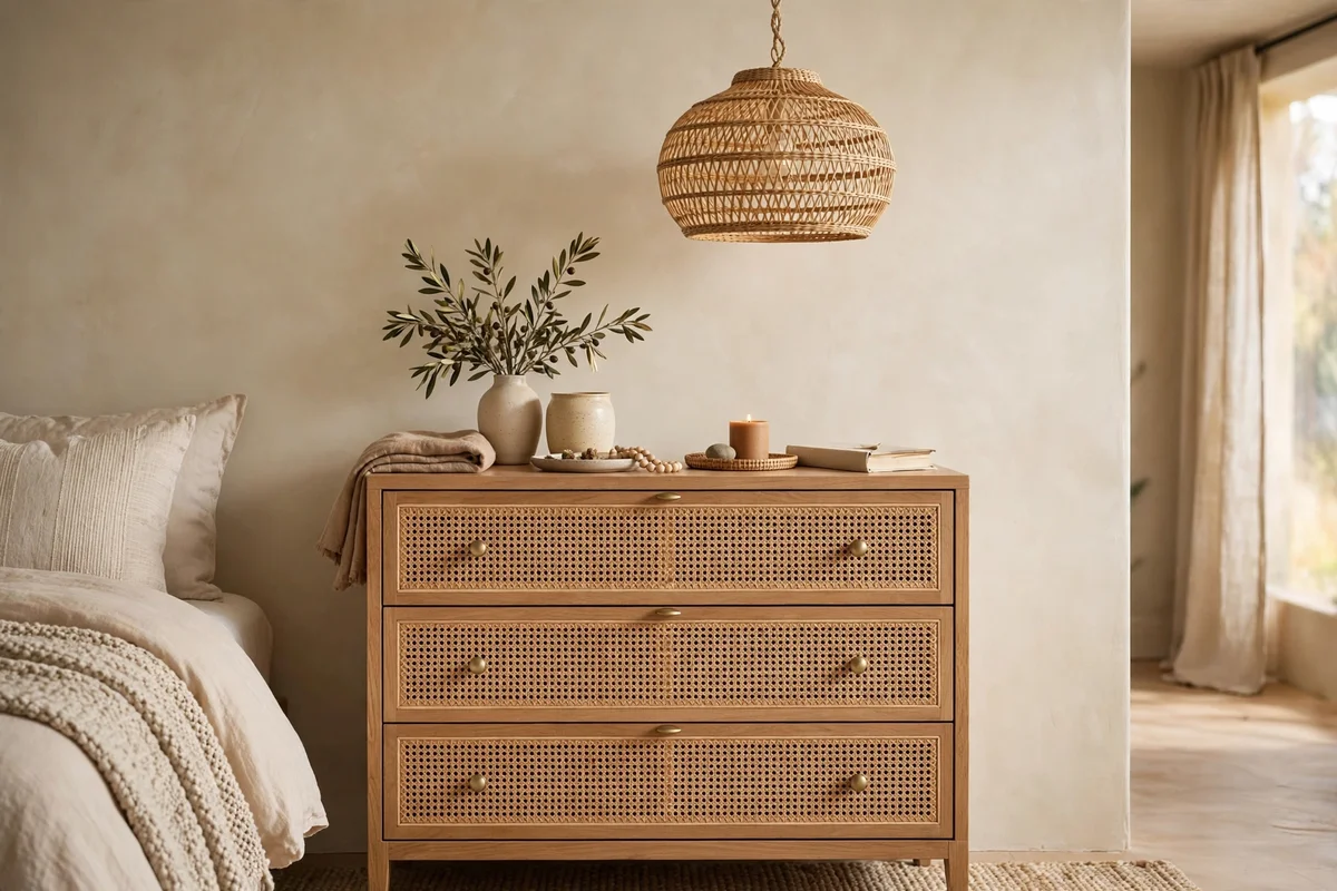 Woven rattan pendant light and cane front dresser adding texture to a transitional bedroom