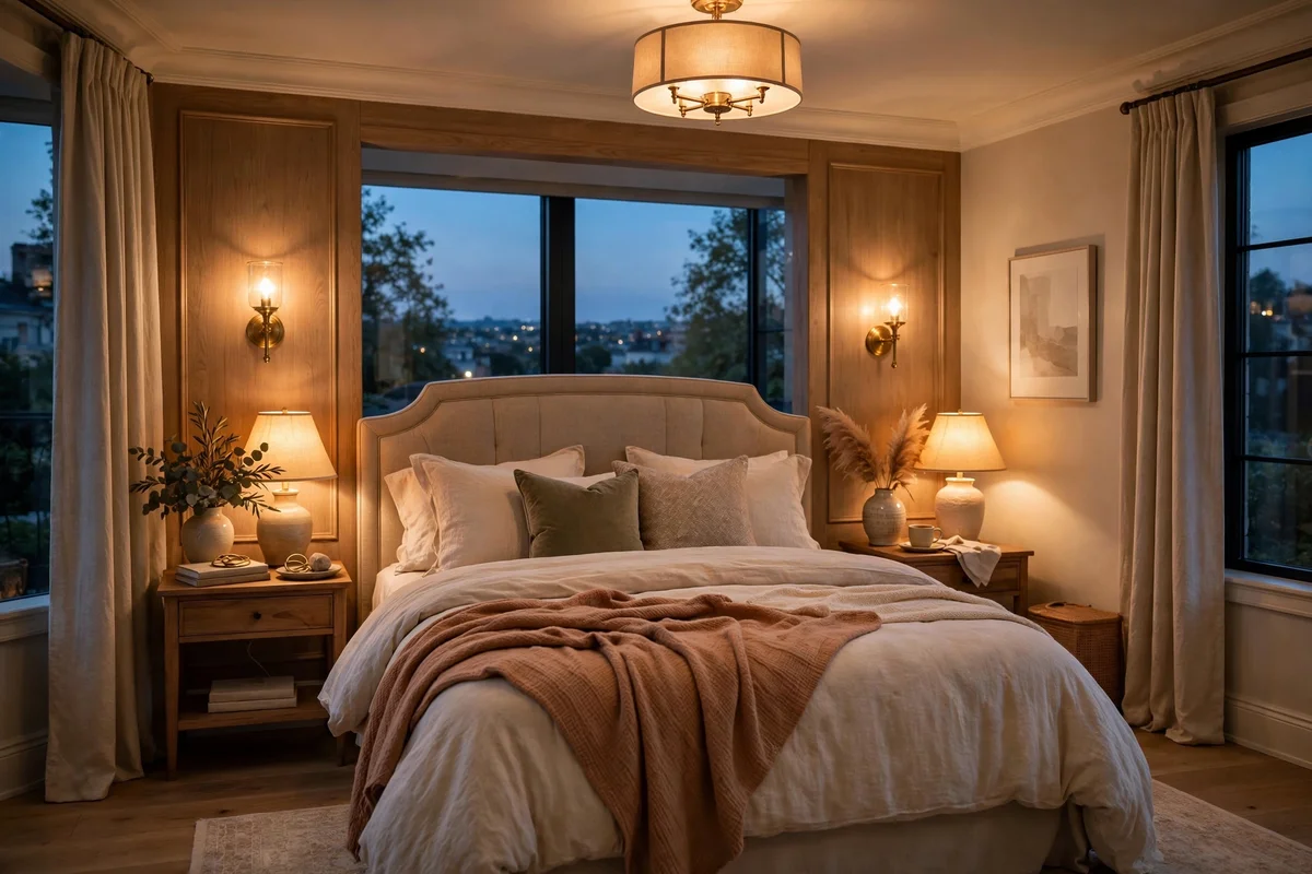 Layered lighting with bedside lamps, wall sconces and ceiling fixture in a transitional bedroom