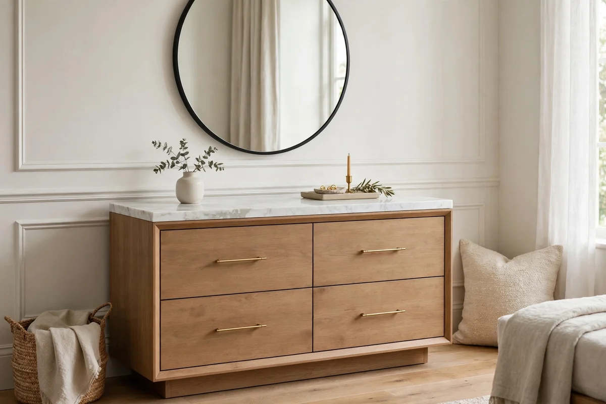Modern dresser with white marble top styled simply in a transitional bedroom