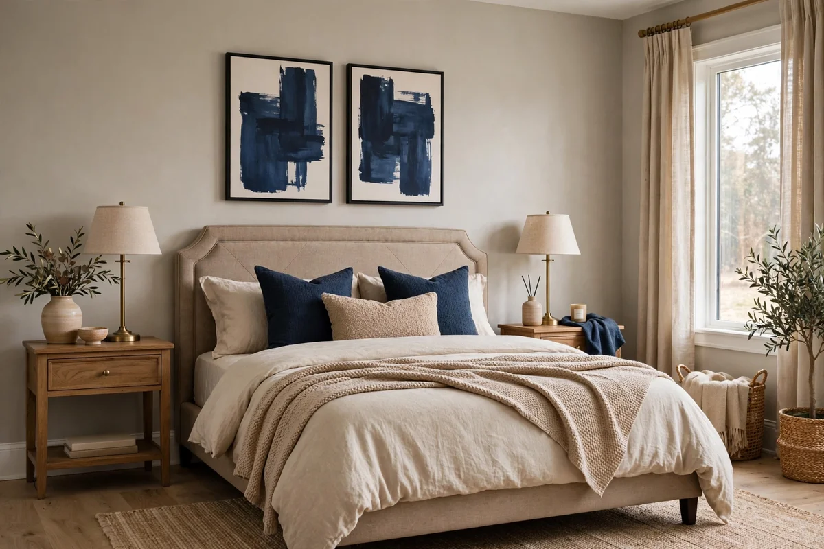 Transitional bedroom in warm neutrals with deep navy blue accents on pillows and art
