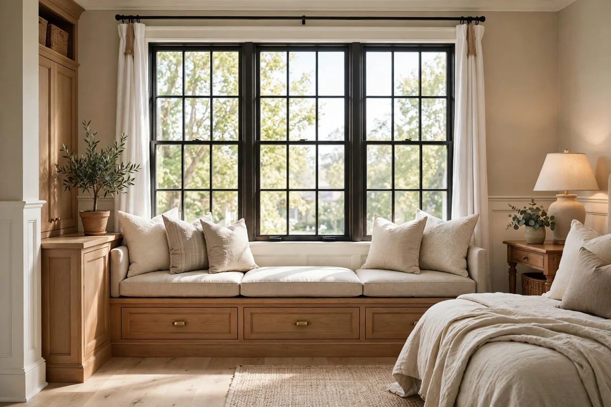 Built in window seat with tailored neutral cushions and storage below in a transitional bedroom