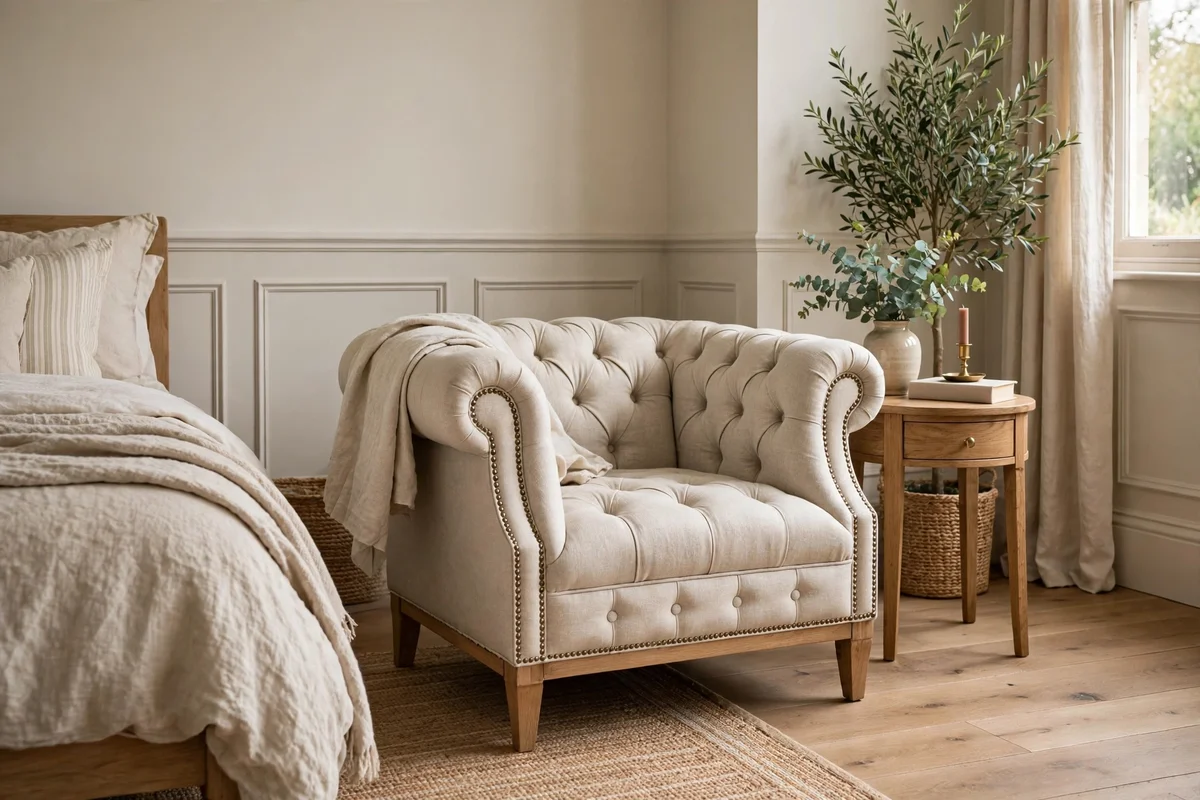 Chesterfield accent chair in light natural linen fabric in a transitional bedroom corner