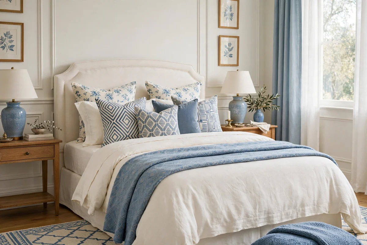 Bed with mixed traditional floral and modern geometric pillows in a coordinated palette