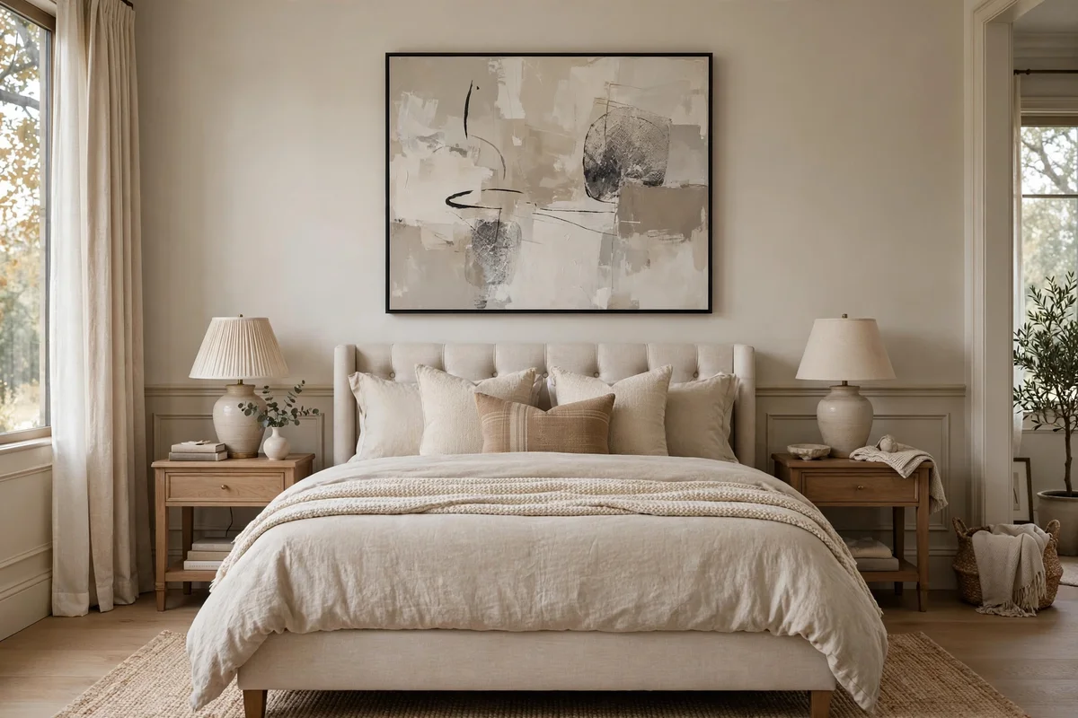 Large abstract painting in neutral tones hanging above an upholstered bed
