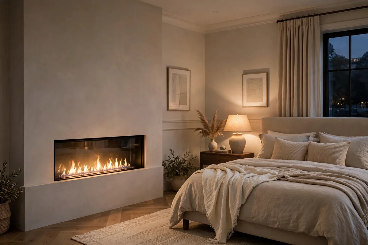 Sleek linear electric fireplace with plaster surround in a transitional bedroom