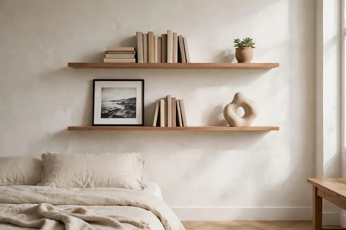 Minimally styled open wooden shelves with books and decor in a transitional bedroom