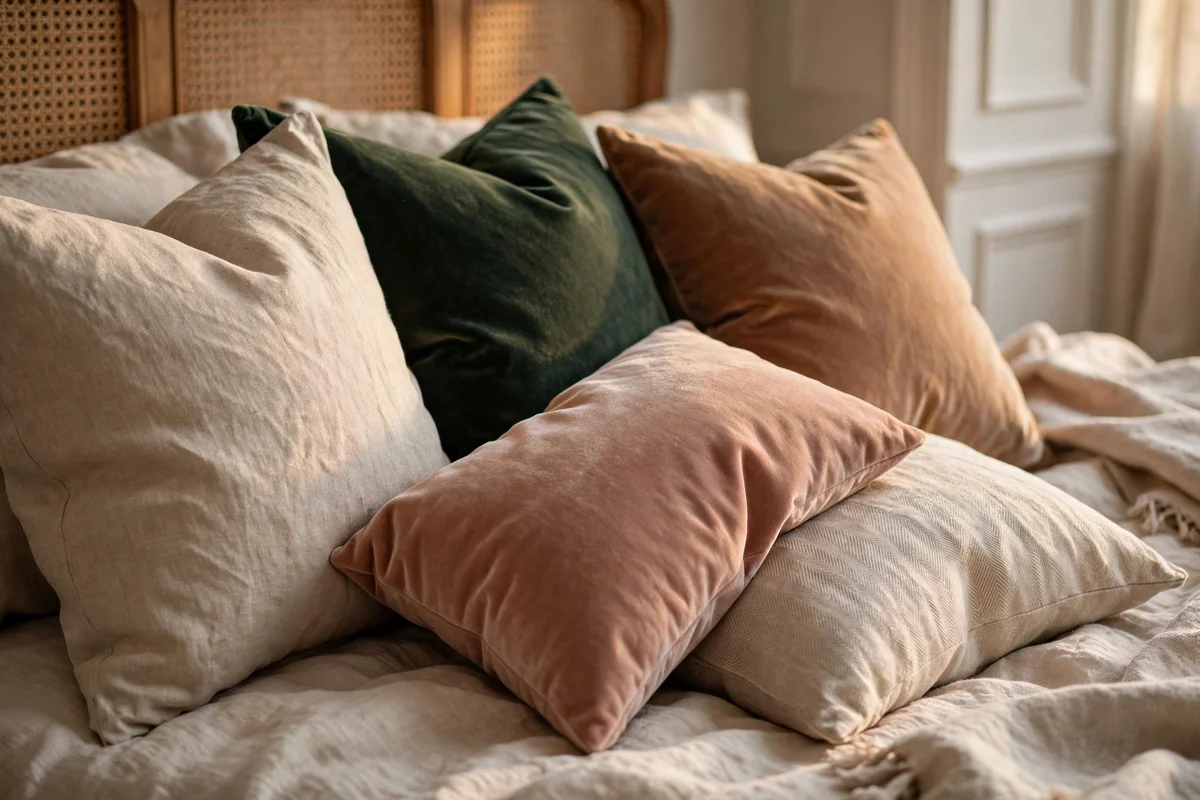 Mix of natural linen and velvet throw pillows arranged on a bed in a transitional bedroom