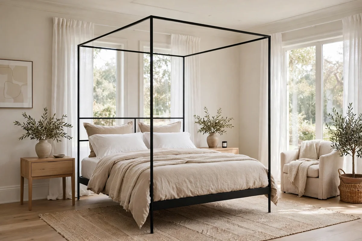 Minimal black metal canopy bed frame with clean lines in a transitional bedroom