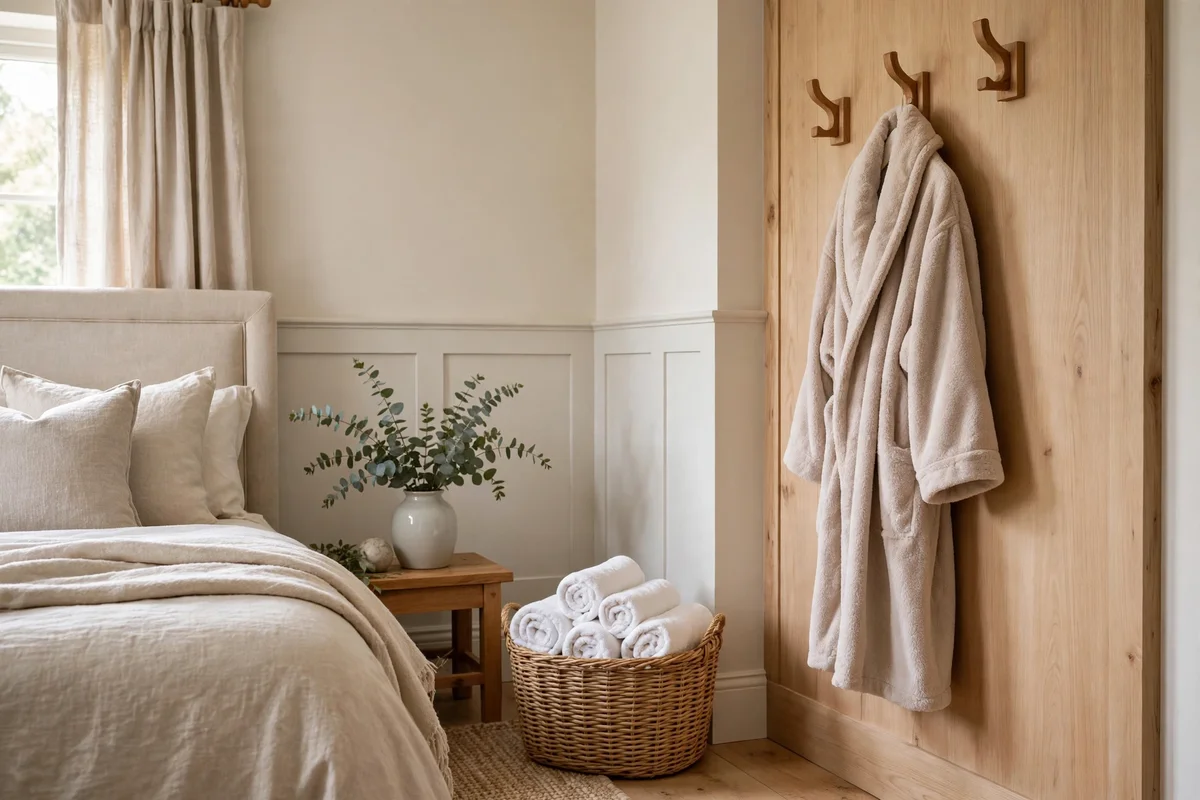Spa inspired corner with rolled towels, robe and eucalyptus in a transitional bedroom