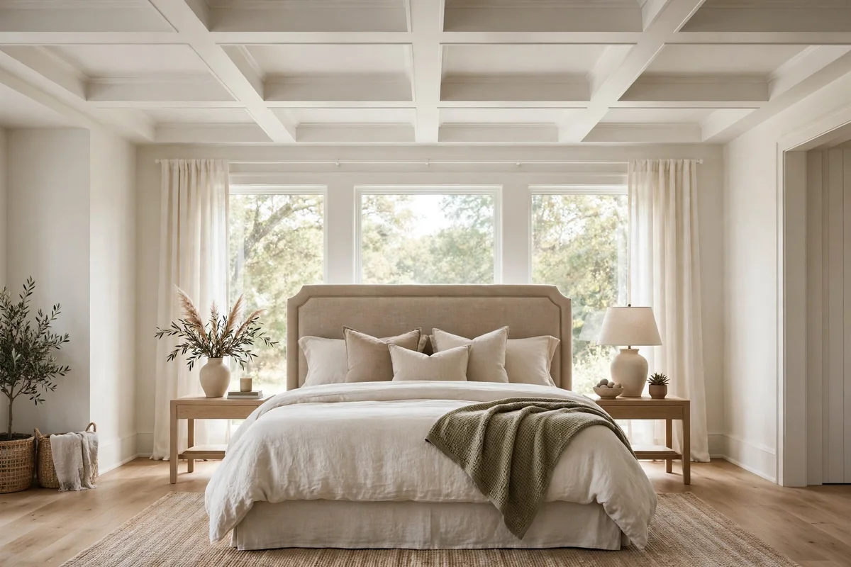 Modern coffered ceiling with simple beams painted white in a transitional bedroom