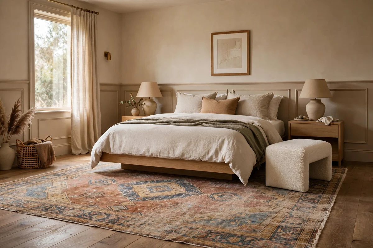 Faded vintage Turkish rug under modern furniture in a transitional bedroom
