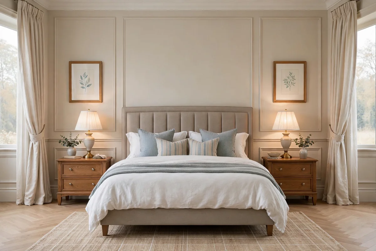 Symmetrical styling with matching nightstands and lamps on both sides of a bed