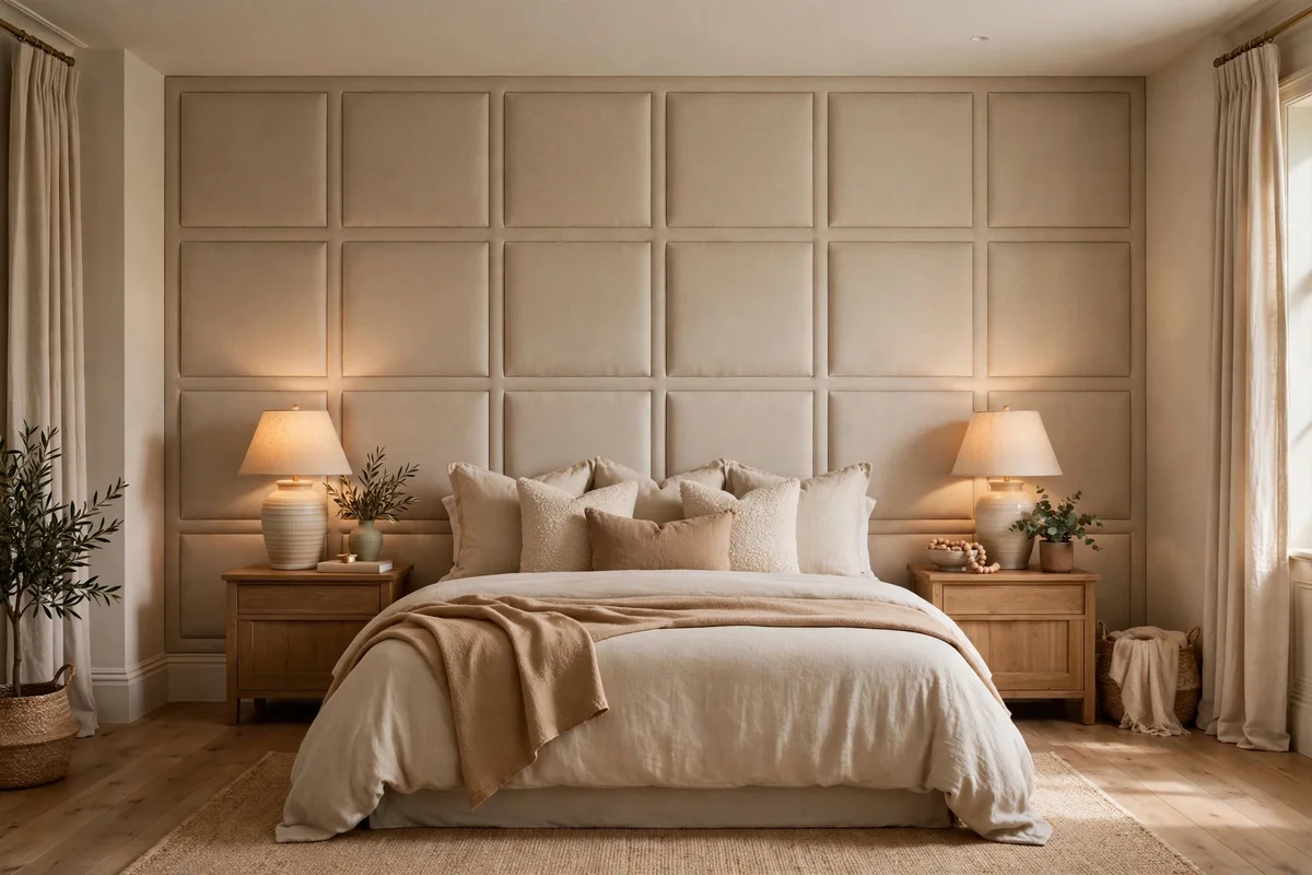 Upholstered linen wall panels in a grid pattern behind a bed in a transitional bedroom