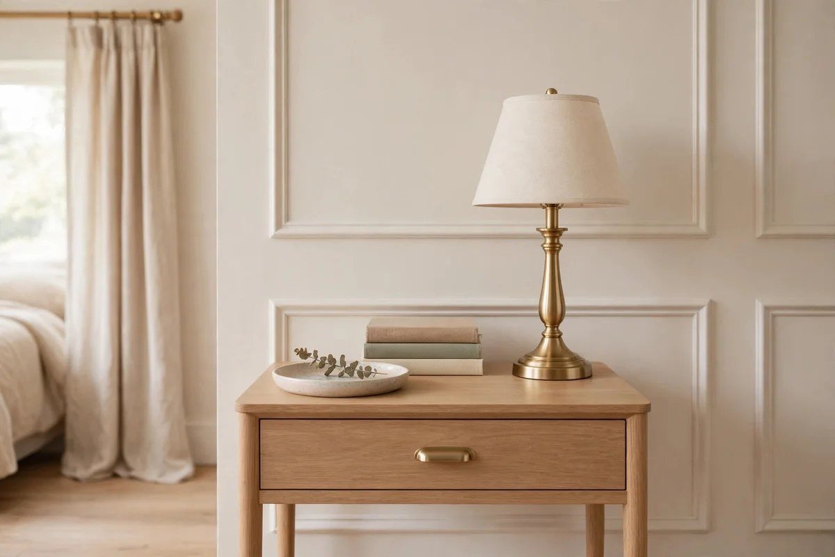 Minimally styled nightstand with lamp, books and small tray in a transitional bedroom