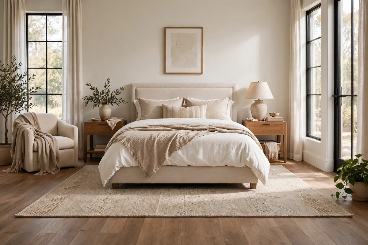 Warm medium tone wood floors with a large area rug in a transitional bedroom