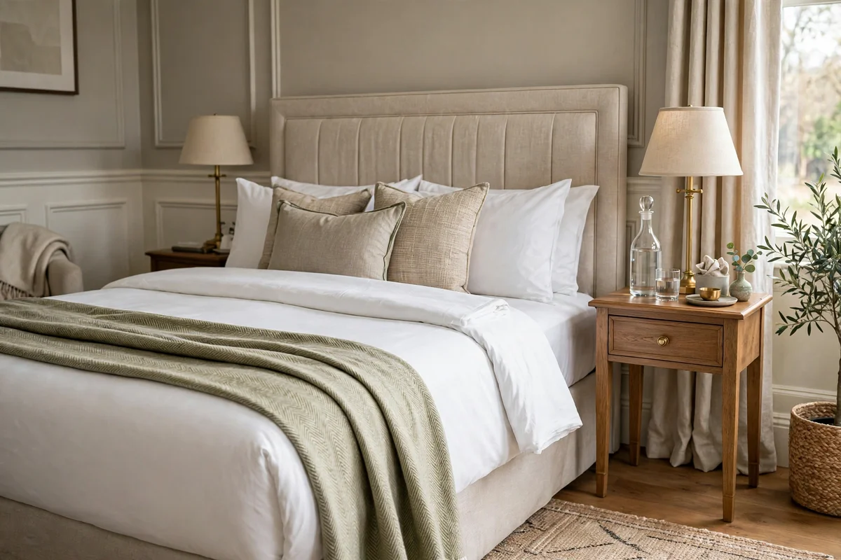 Bed styled with hotel turndown details, folded throw and water carafe on nightstand