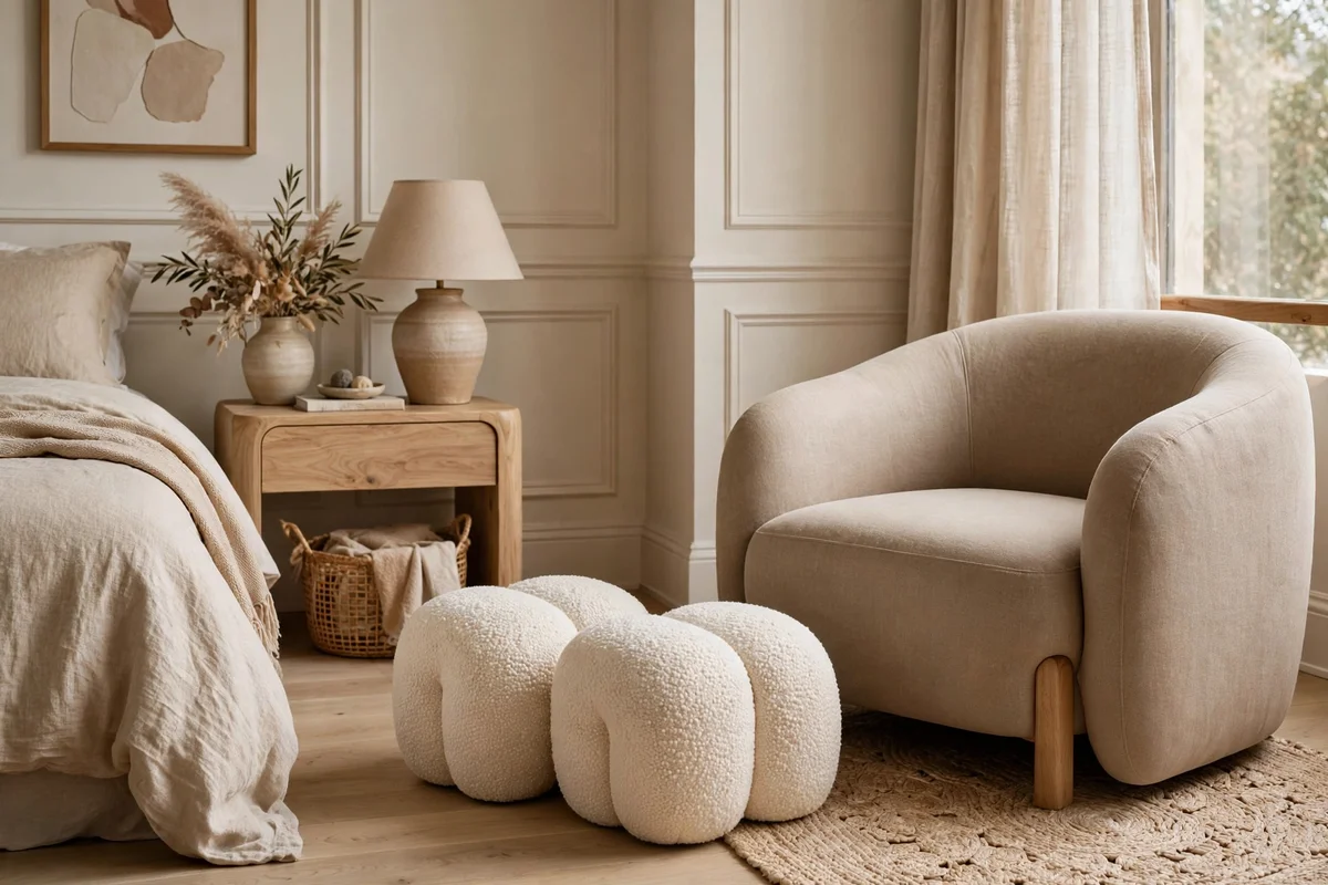 Pair of rounded boucle ottomans in a transitional bedroom reading corner