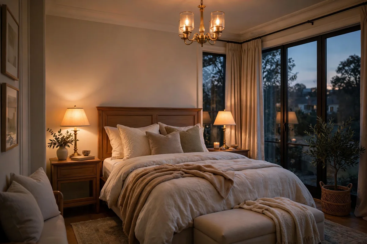 Warm dimmed lighting glowing softly in a transitional bedroom at dusk